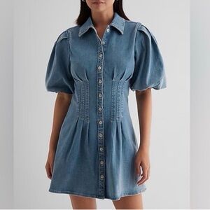 Express Denim Puff Sleeve Corset Button Up Mini Shirt Dress small